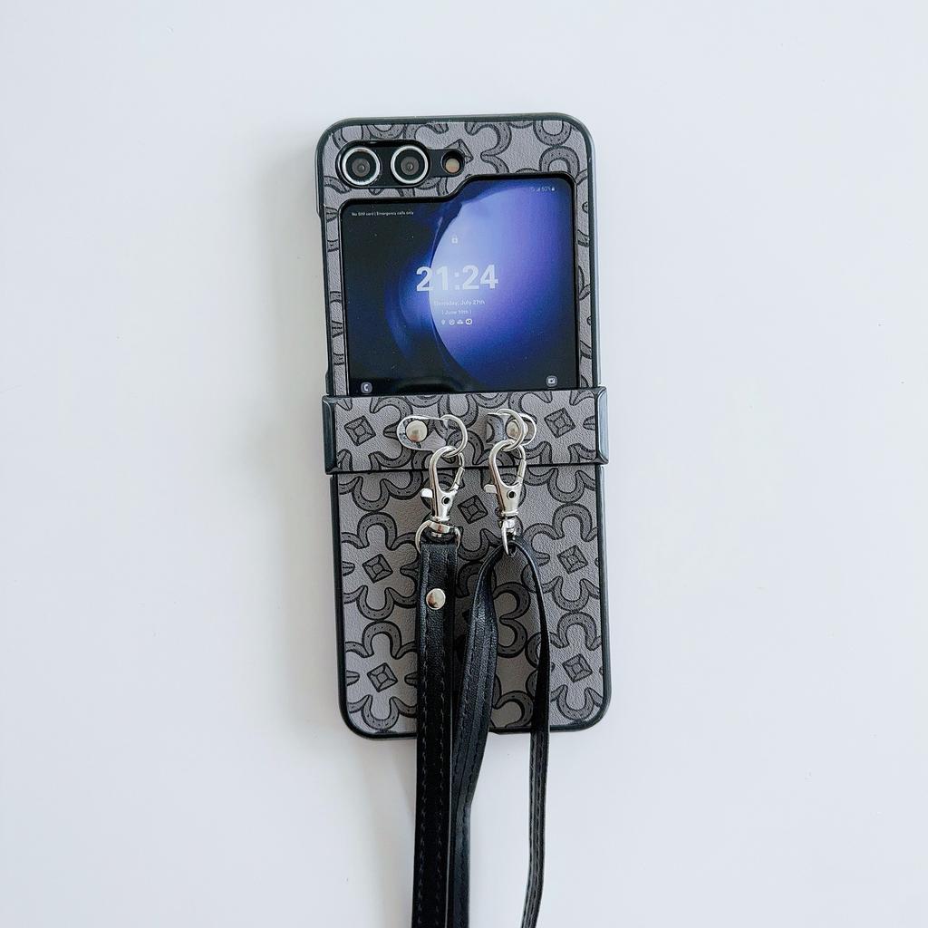 Für Samsung Galaxy Z Flip7 FE 5G/Z Flip6 5G Hülle Blumenmuster PU-Lederbeschichtete PC-Handyhülle mit Umhängeband