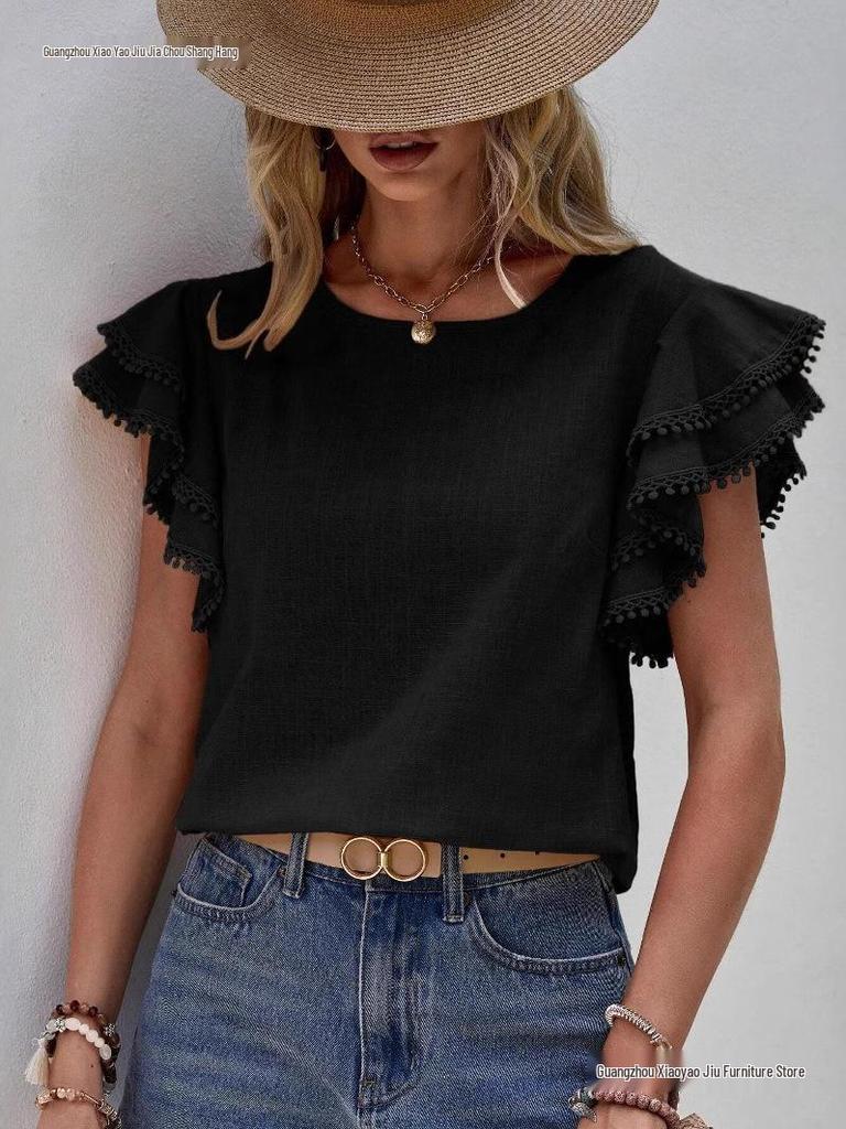 European & American Women's Casual Summer Round Neck Ruffle Batwing Short Sleeve Top