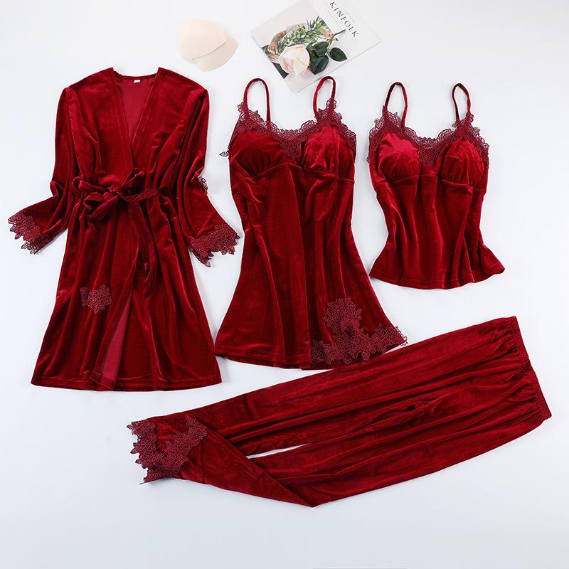 Burgunder Velours Pyjama Anzug Frauen 4PCS Kimono Robe Nachthemd Set Nachtwäsche Dame Winter Warm Gestreiften Gold Samt Bademantel Kleid