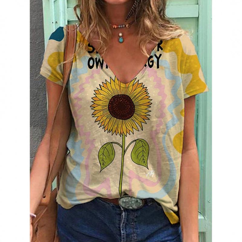 V-neck T Shirts Street 3D Printed Tees Short Sleeved Floral Bird Loose T-shirt for Women