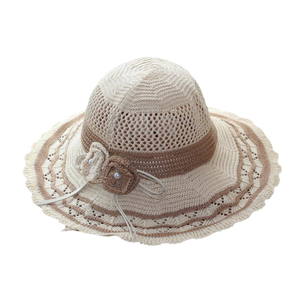 (One Size, White) Women Summer Knit Sun Hat Breathable Crochet Flower Wide Brim Sun Protection Fisherman Cap