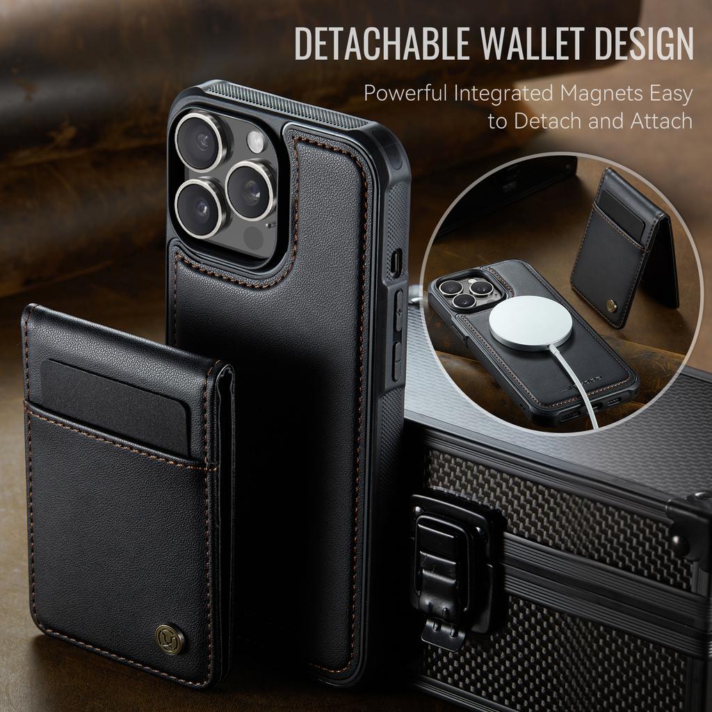 For iPhone 13 Pro 6.1 inch Leather Back Cover Compatible with MagSafe JEEHOOD J06 Phone Case with Card Bag RFID Blocking
