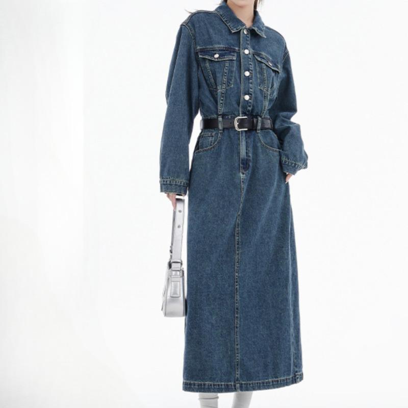 

Весна и осень Новое женское винтажное обтягивающее платье с разрезом сзади и длинными рукавами средней длины из денима XL