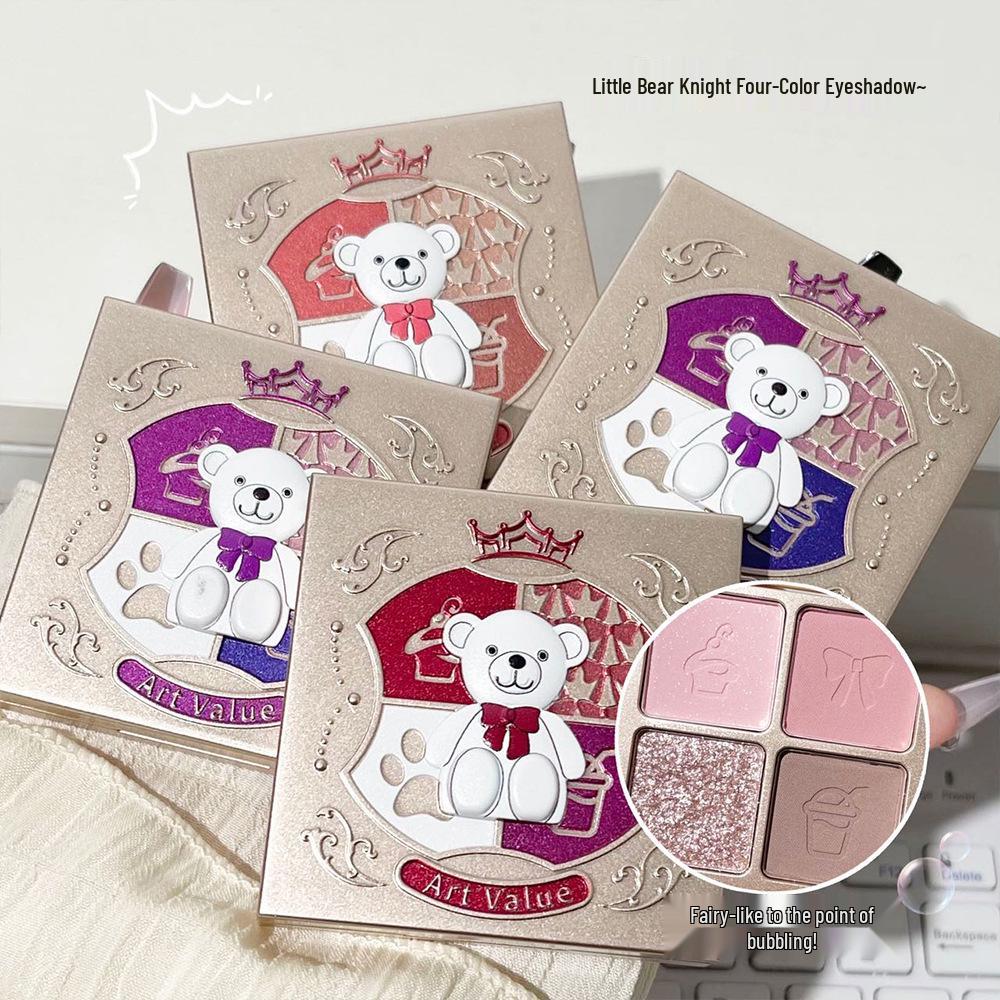 ArtValue Little Bear Knight 4-Color Eyeshadow Palette - Cartoon, Portable, Bold Shimmer & Matte Finish.