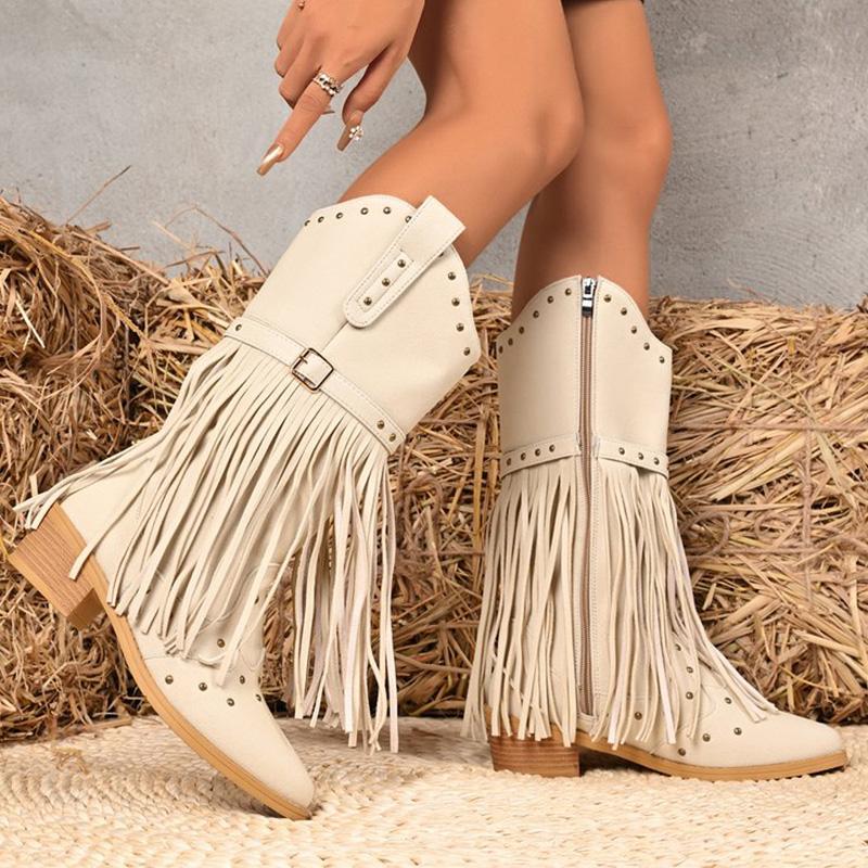 Street Style Rivet Tassel Boots Women  New Beige Plus Size 36-43 Mid-Calf Boots for Woman Pointed Toe Zipper Up Botas Female
