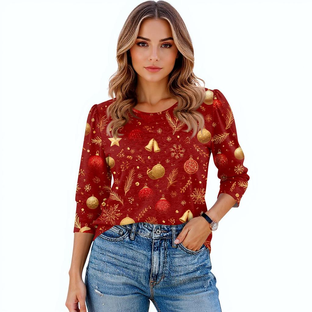 Women's Fashion Casual 3/4 Christmas Print Color Shirt Women's Round Neck Tops