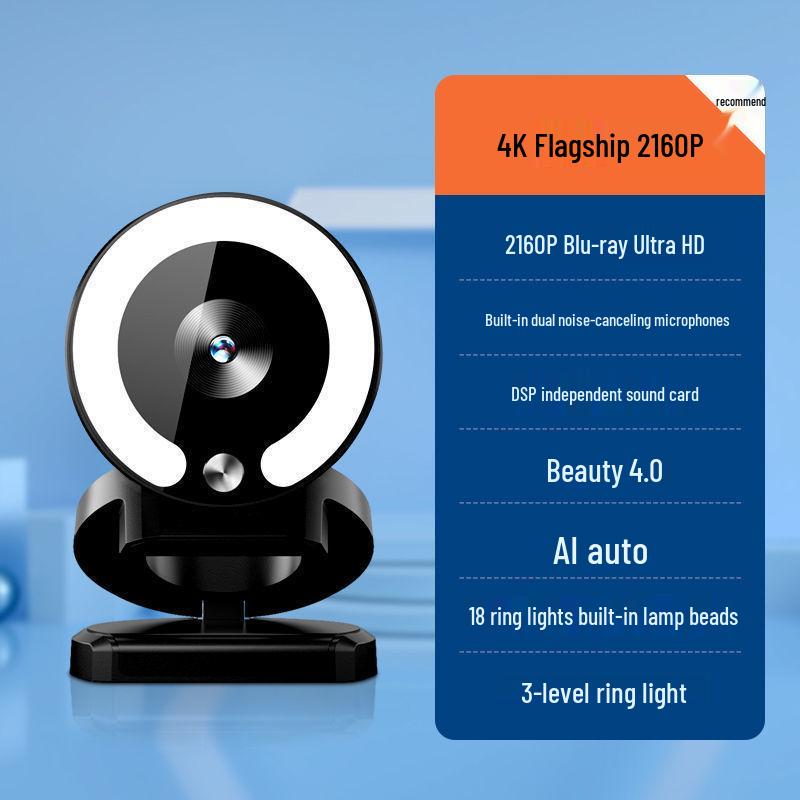 4K HD Webcam with Microphone & Beauty Fill Light for Laptops & Desktops