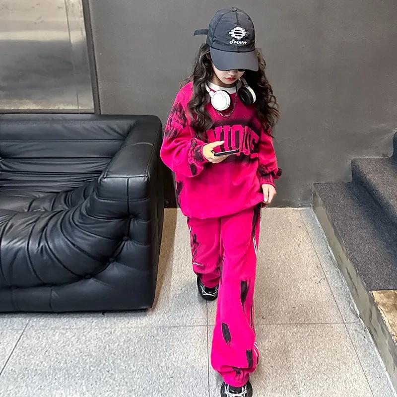 Frühling Herbst Mädchen Freizeitanzug Buchstaben Sweatshirt Hose Zweiteiliges Set für Mittlere und Große Kinder