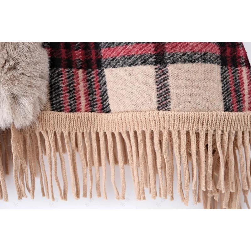 Faux Rabbit Fur Capes Coats Women Plaid Poncho Jackets Tassel Hooded Batwing Sleeves Open Stitch Loose Casual Autumn Winter