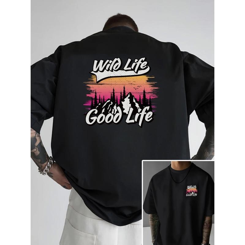 European sizes Men s Oversized Drop Shoulder T-Shirt - Double-Sided Wildlife &  Better Life  Print, Loose Fit Round Neck Short Sleeve Tee Suitable S чёрный