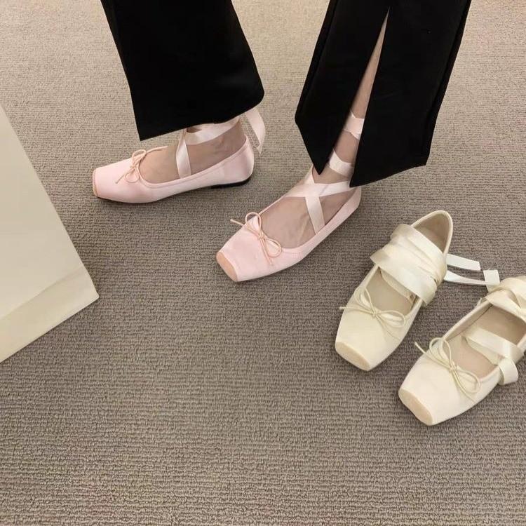 Lace Tie Leg Satin Ballet Flats Women Square Toe Bowknot Ballerinas Ladies Wedding Floral Shoes