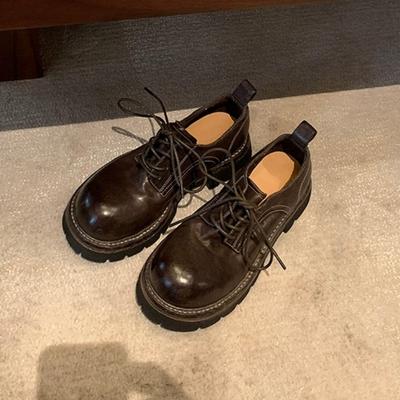 Schaffell~ Damen Schnürschuhe mit dicker Sohle aus echtem Leder, Retro-Rundkopf, Britischer College-Stil, mit Rock, dicker Absatz, kleine Lederschuhe