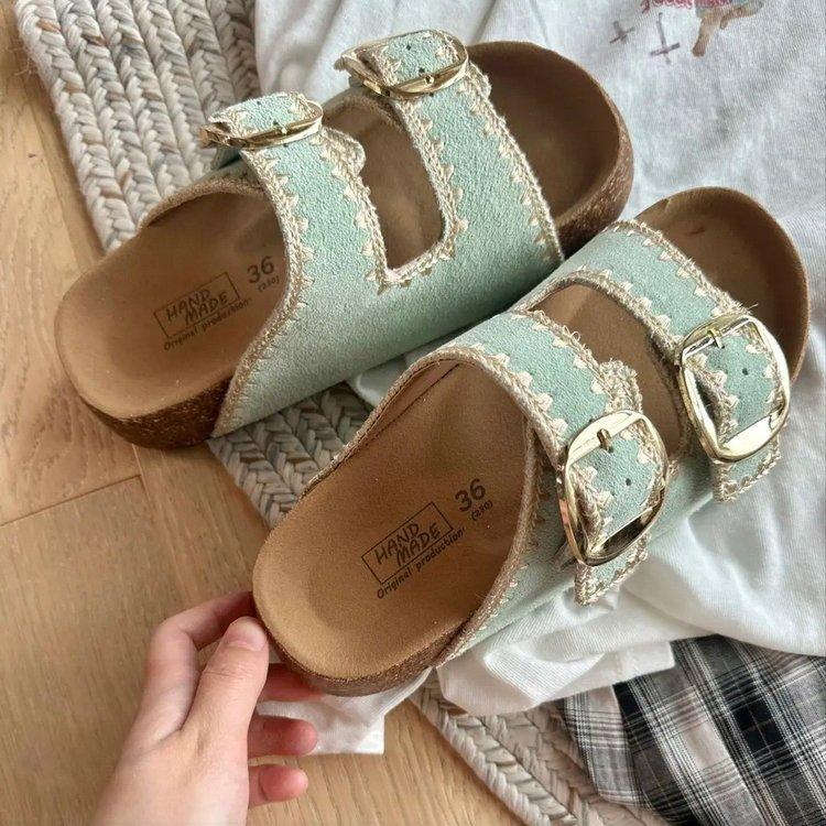 

Soft leather version~ thick-soled heightening Boken shoes women s retro woven belt buckle one-word slippers casual beach cool slippers 35