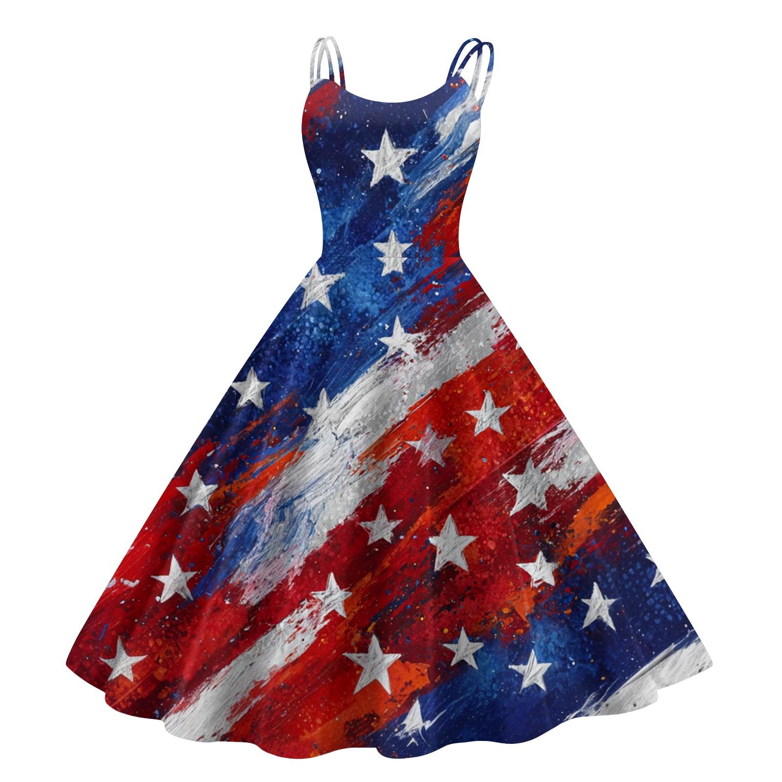 

Sleeveless A Line Midi Dress with Printed Star and Stripe Pattern Casual Round Neck Flowy Sundress for Women Summer XL кавун червоний колір