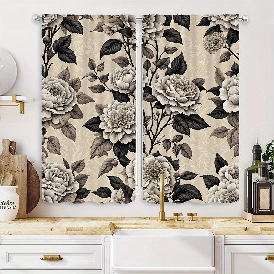 2pc  black and white floral print curtains   polyester fabric   machine washable   suitable for bedroom living room decoration