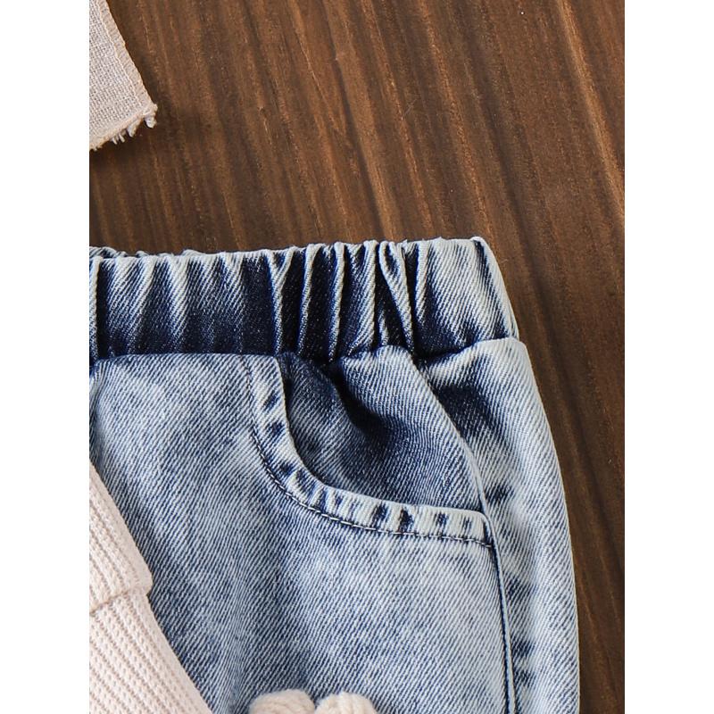 Pullover im Landhausstil mit langen Ärmeln, gestricktes Sweatshirt mit Blumenmuster + gewaschene lange Jeanshose, zweiteiliges Set