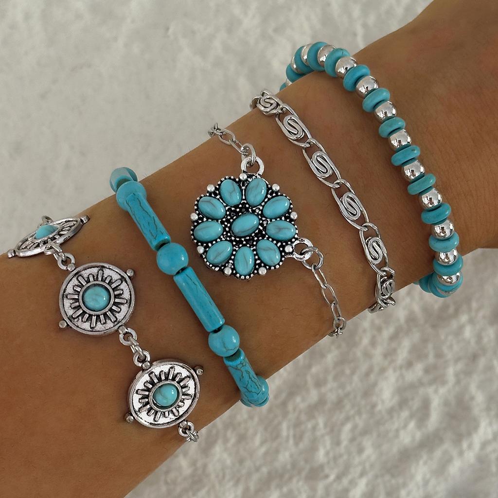 Bohemian Turquoise Leaf Bracelet, Ethnic Bow Flower Turquoise Bracelet Set