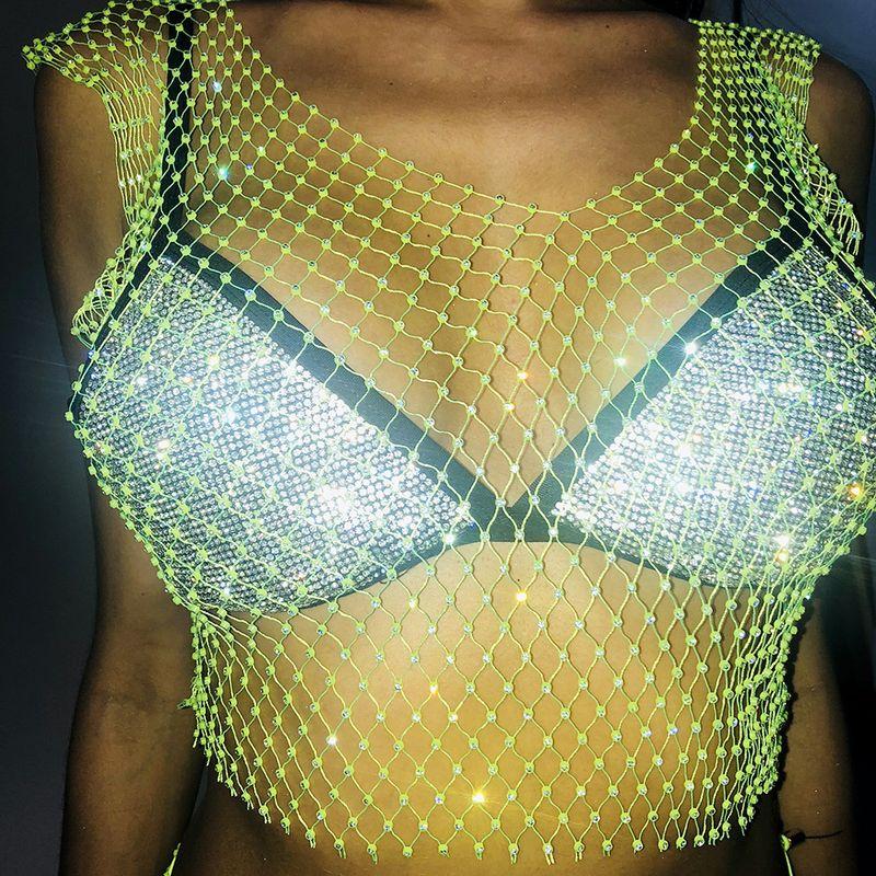 Mesh Rhinestone Top Sleeveless Vest V Neck T-shirt