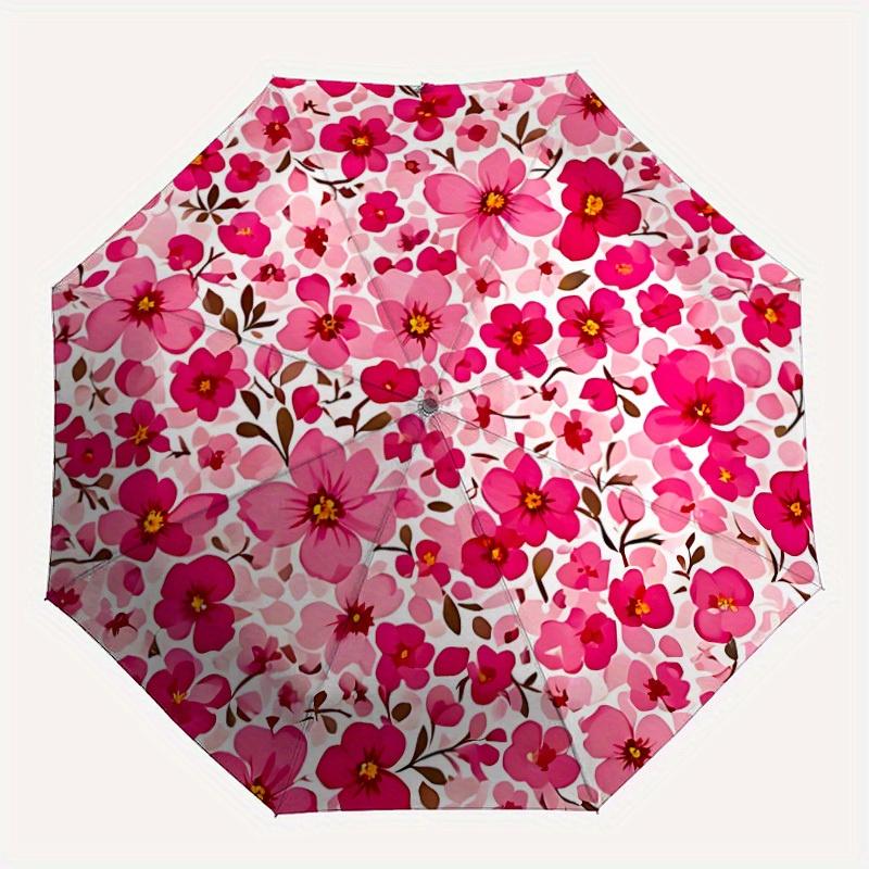 

1pc Pink Flowers Automatic Folding Umbrella - 8-Rib Iron Frame, Windproof, Portable Sunshade with Plastic Handle for Travel & Outdoor Activi
