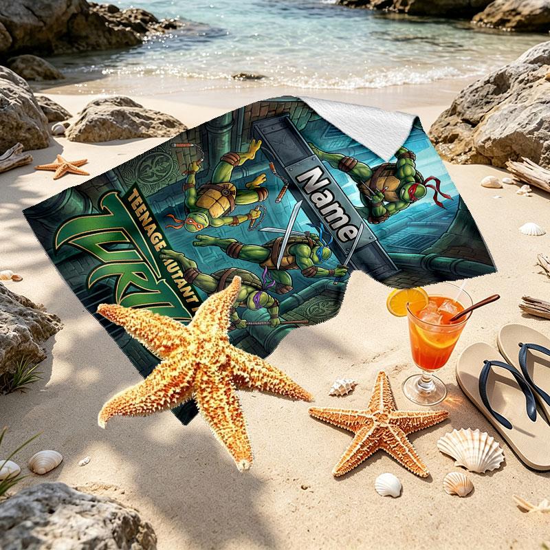 Custom Name Personalized Teenage Ninja Turtles Print Beach Towel, for Trip Camping Beach Party Home Decor, Birthday Gift for Family & Friends