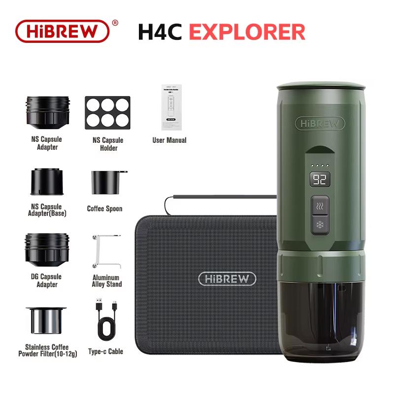 HiBREW Bärbar Espressomaskin för Bil & Hem Camping Kaffebryggare Passar Nespresso Dolce Kapsel Pulver H4C