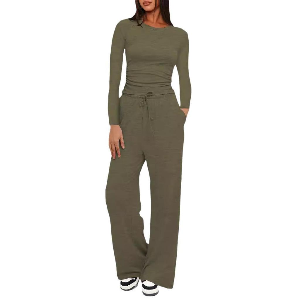 Solid Color Casual Long Sleeve Top and High Waist Wide Leg Pants Sportswear Set