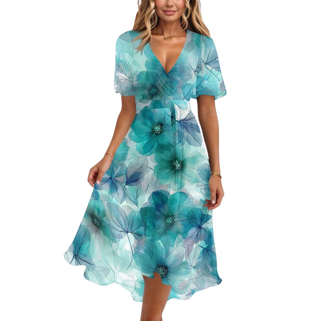 Women Casual V Neck Short Sleeve Floral Print Dress Vintage Style Midi Length Wrap Dress for Daily Wear