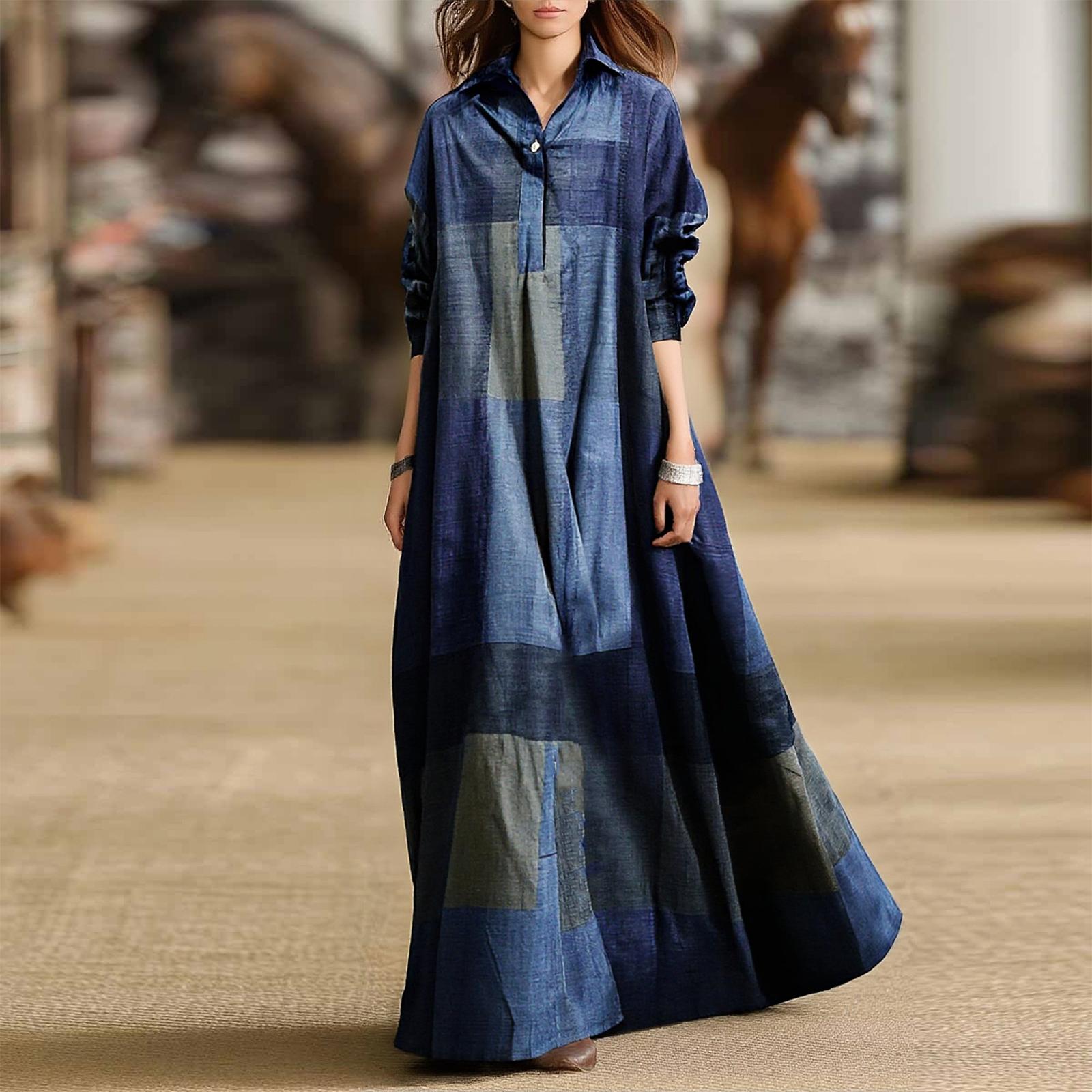 

Ladies Elegant Long Sleeved Plaid Shirt Dress Fashionable Plaid Shirt Collar Dress M синій