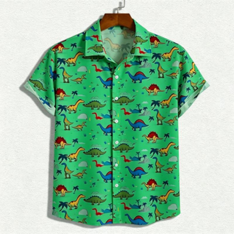 Men's Short Sleeved Shirt, European and American Casual Men's Shirt, Fun Dinosaur Pattern Short Sleeved Shirt, Youth Loose and V