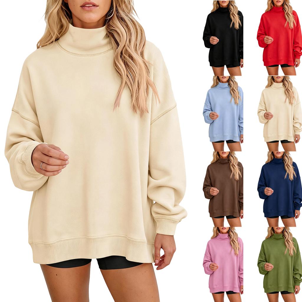 Modischer High-Neck-Hoodie für Damen, locker geschnitten, mit tief angesetzten Schultern, geschlitztem Saum und Taschen