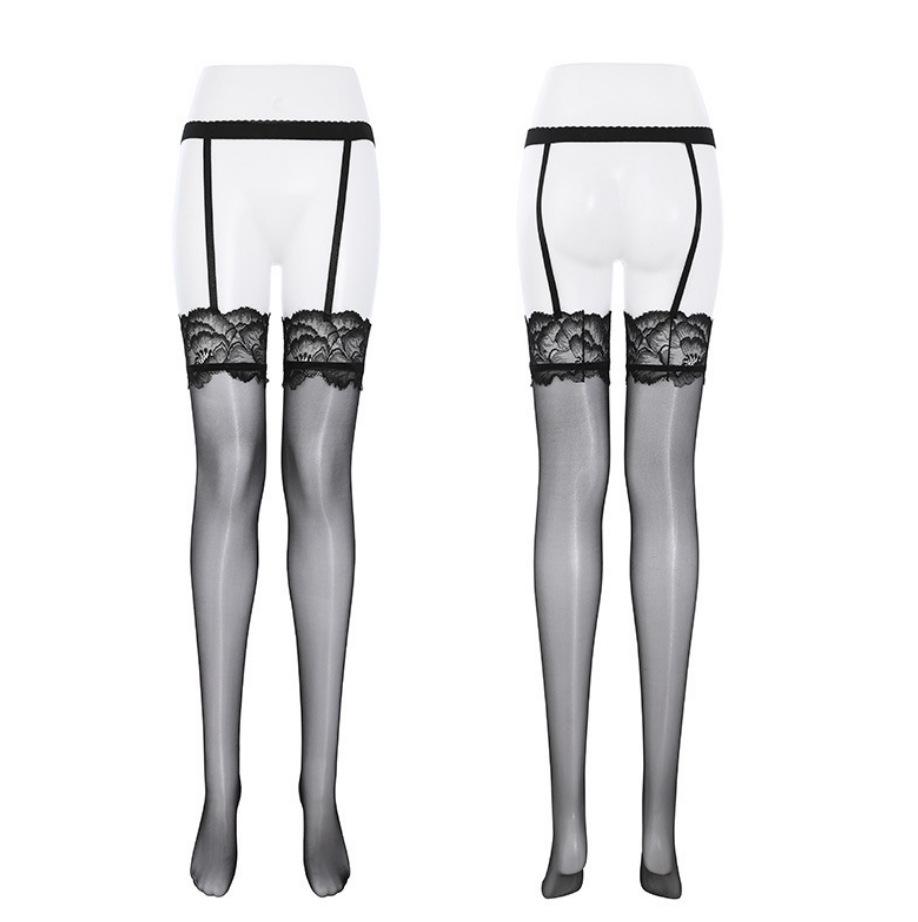 Glossy Black 8D Silky Lace Over-the-Knee Suspender Stockings