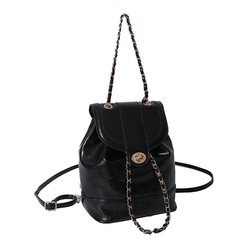 

Корейский нишевый весенне-летний мини-рюкзак на цепочке Xiaoxiangfeng женский инстаграм-блогер студенческий из масляной вощеной кожи, на плечо чёрный