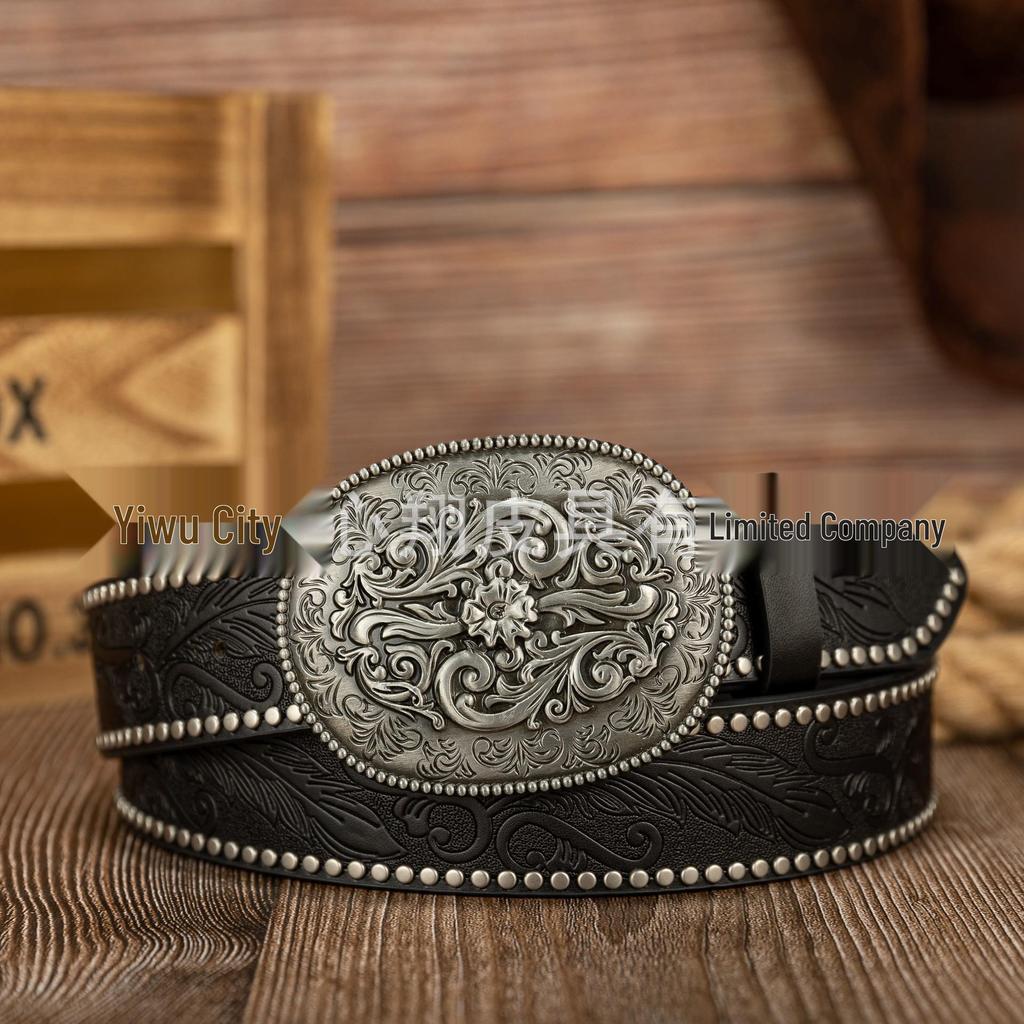 Retro Owalny Rzeźbiony Duży Klamra Skórzany Pasek PU - Unisex Casual Pasek