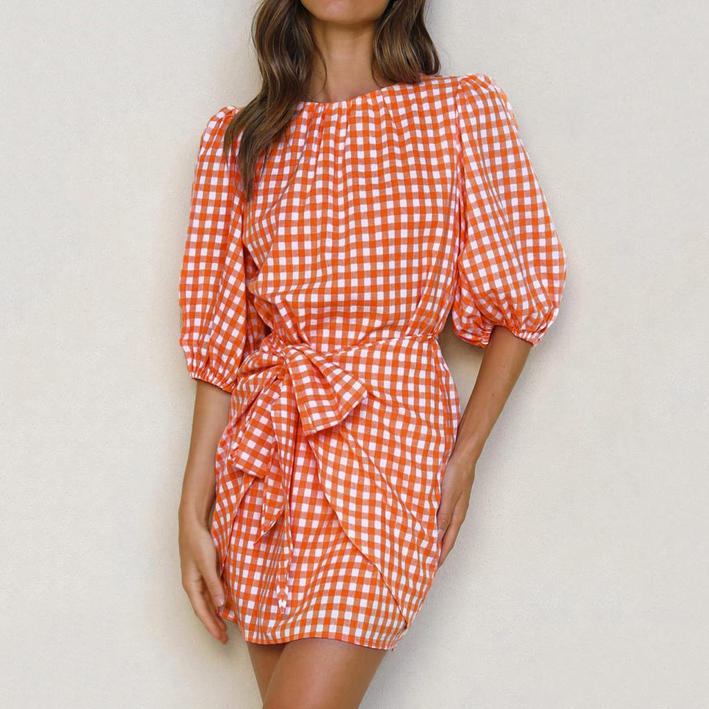 Women's Fashion Plaid Drawstring Waistband Indented Seventh Sleeve Dress