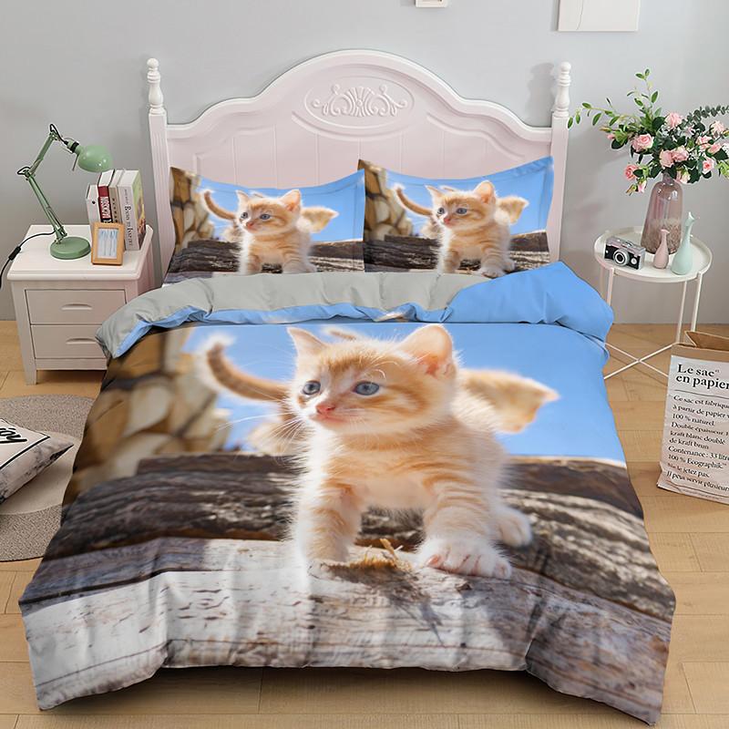 Little Cat Duvet Cover King Queen Size 3D Grey Cute Kitten Bedding Set For Adults Lovely Animal 2/3pcs Polyester Quilt Cover