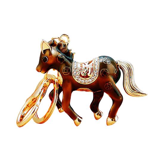 Keychain Pendant Double-Sided Rhinestone Chinese Zodiac Fortune-Attracting Horse Key Chain Metal Handbag Charm