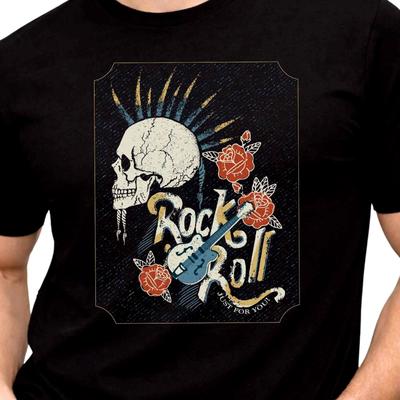 Rock N Roll Skull Rose Guitar Graphic T-Shirt Vintage Biker Tee Tattoo Style