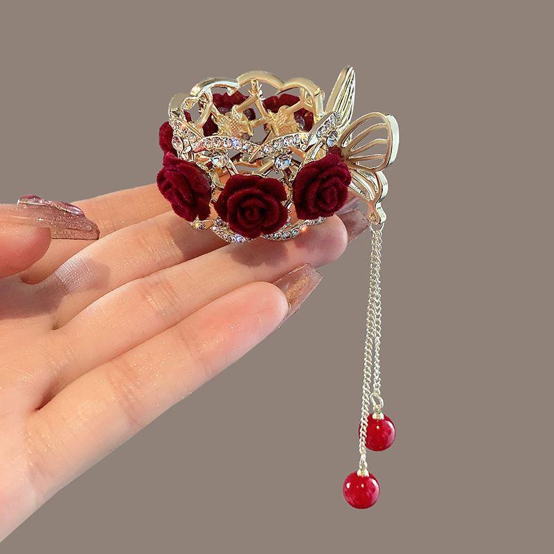 

Заколка для волос с цветочной кисточкой, женская заколка для волос со стразами, металлический коготь для волос, круглый держатель для хвоста, заколка, аксессуары для волос