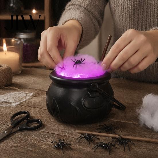 Atmospheric Bar Decor Light Up Witch Cauldron DIY Set, Halloween Glowing Black Plastic Bowl with Spiders, Spooky Table Centerpiece Hocus Pocus