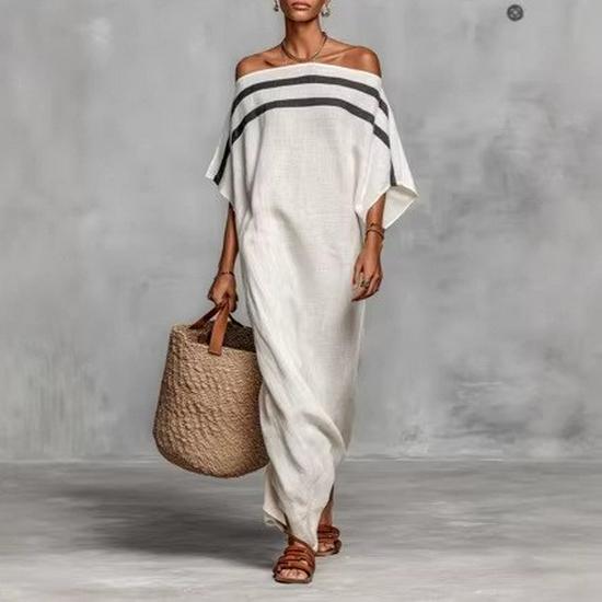 2026 Stand-Up Collar Striped Casual Loose Women s Dress, European & American Style Medium белый