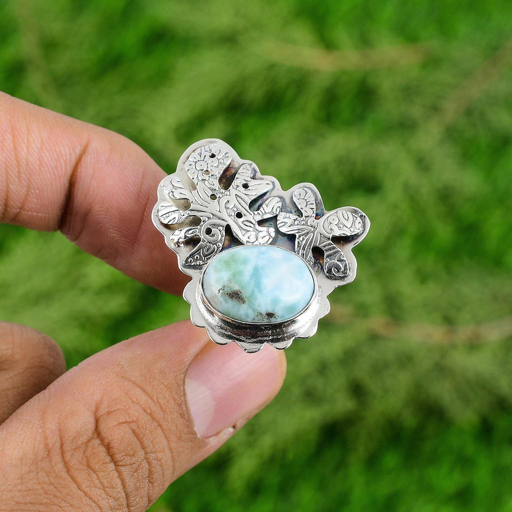 Wedding Gift For Her 925 Silver Natural Larimar Multi Stone Adjustable Ring