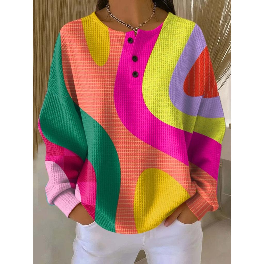 Women's Crew Neck Long Sleeve Waffle Knit Henley Top Loose Fit Casual Sweatshirt