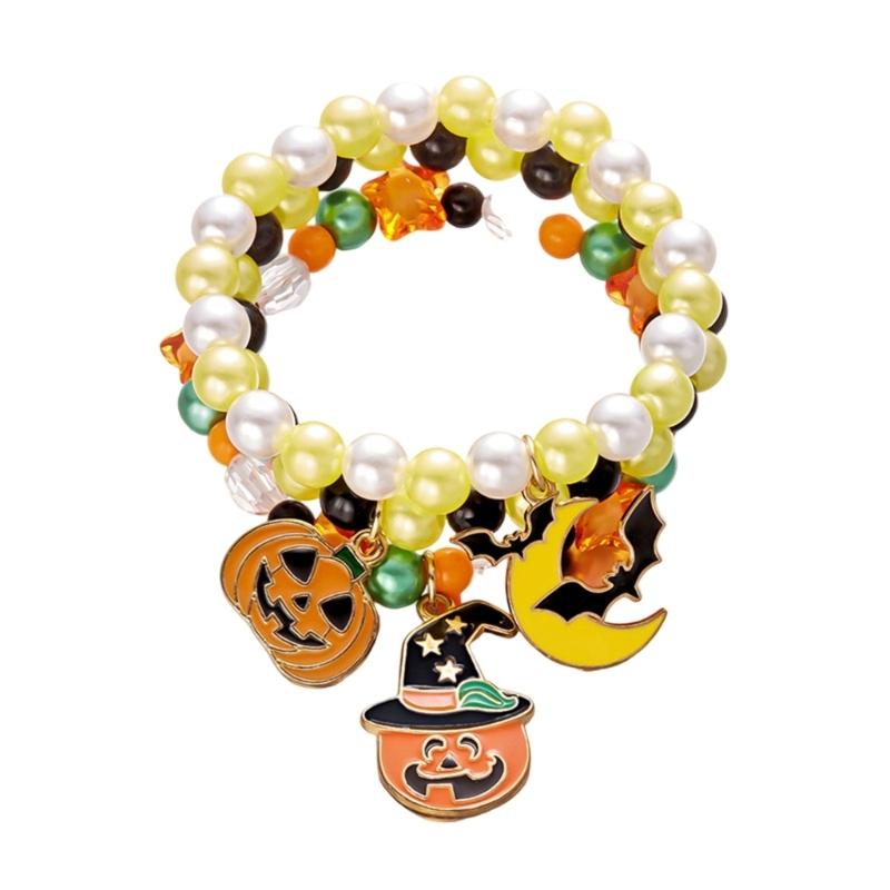 3Piece Halloween Charm Bracelet Spooky Pumpkin Specter Pendant Jewelry Adjustable Alloy Wristband Present for Kids Adults