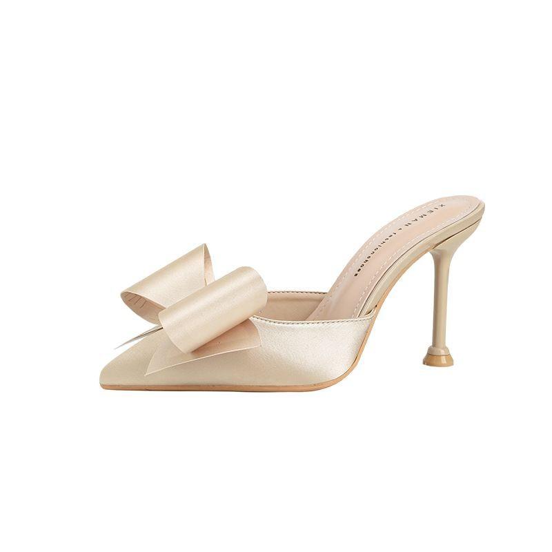 Fashion new bow bag head half-drag stiletto women's classic satin temperament high-heeled slippers