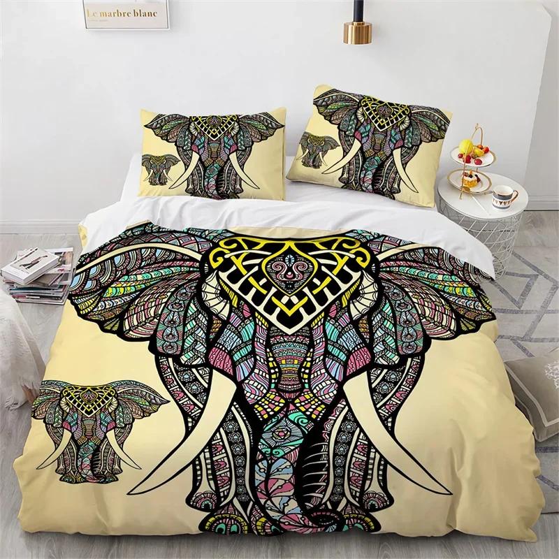 Elephant Duvet Cover King Queen Size Wild Animal Comforter Cover Polyester Bohemian Mandala African Safari Animals Bedding Set
