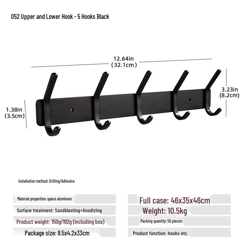Wall-Mounted Black Aluminum Clothes Hook Rack