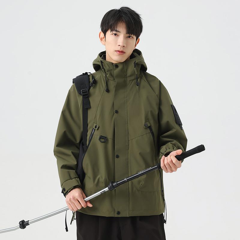 Outdoor Waterproof Hooded Spring Japanese Velcro Badge Couple Work Jacket Men Zipper