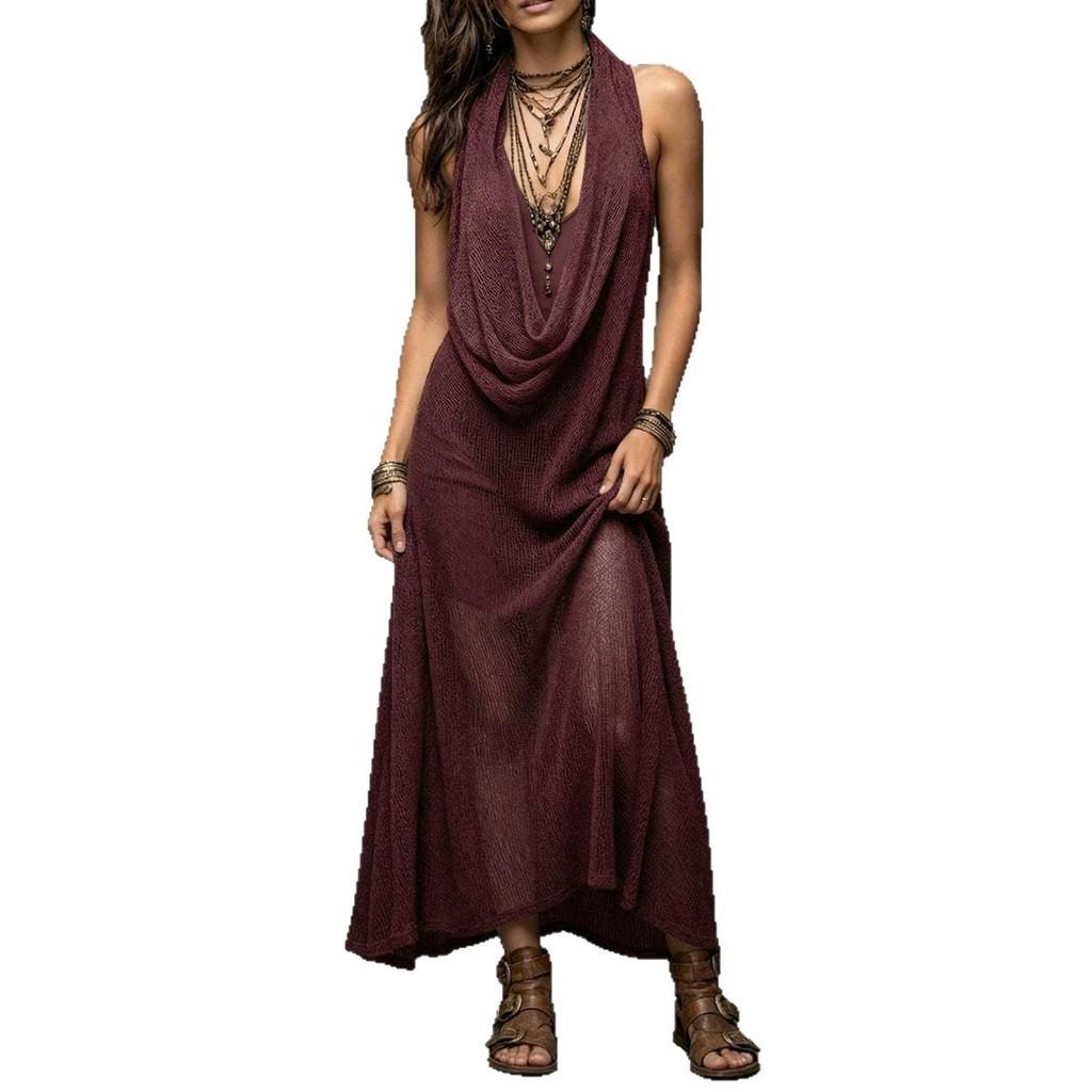 Bohemian Beach Dress With Knit Fabric For Vacation Travel