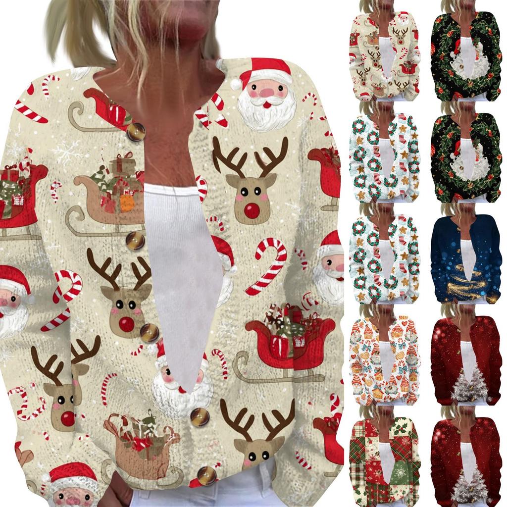 Women's Christmas Print Long Sleeve Knit Cardigan Button Down Sweater