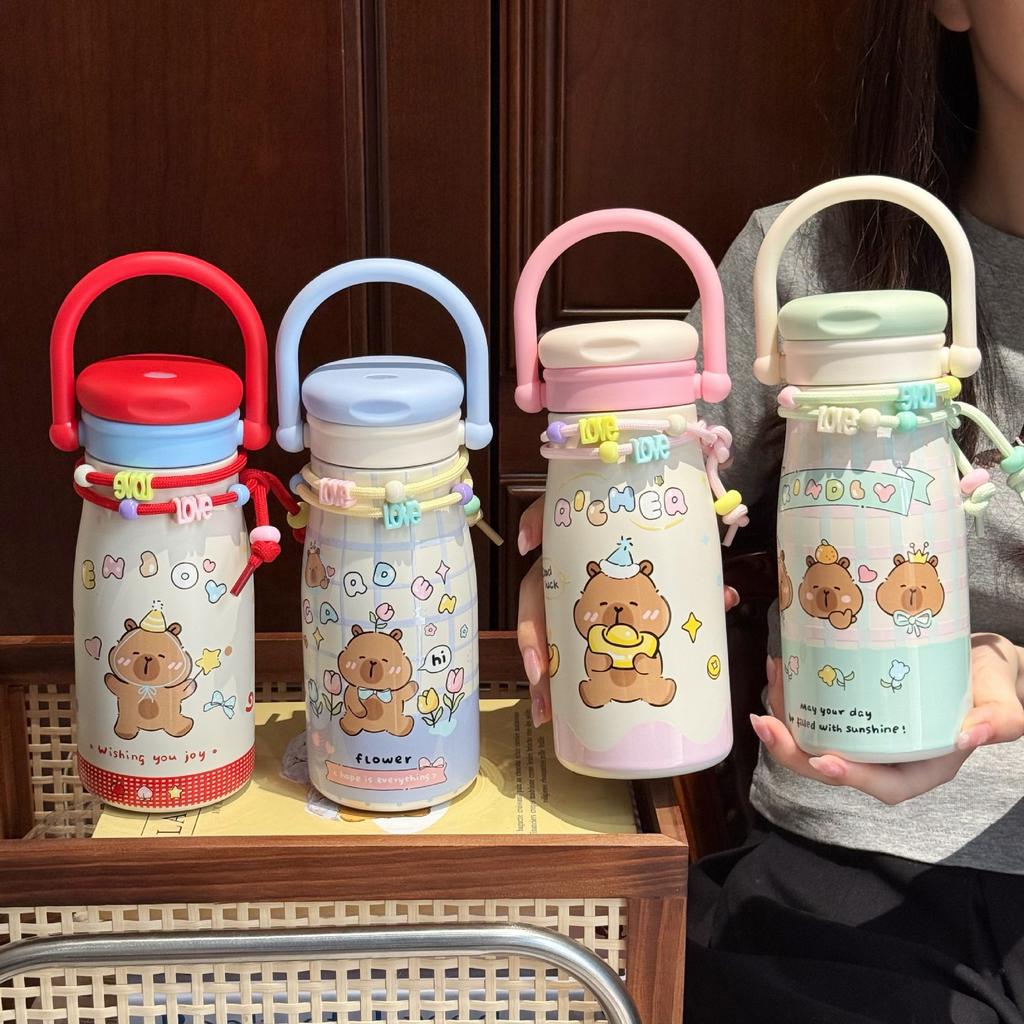 Large Capacity High Value Cartoon Thermos Cup, Girls Portable Double Drink Straw Kettle, Student Strap Cup